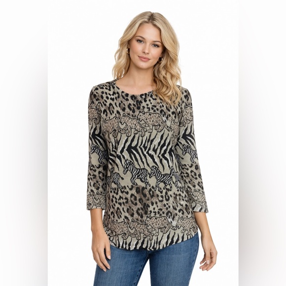 Vintage Tops - Vintage Safari Knit Top | Zebra Leopard Animal Print Long Sleeve